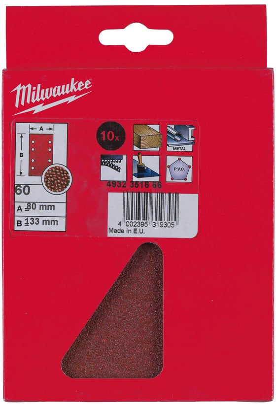 Milwaukee Schuurpapier voor vlakschuurmachines 80 x 133 mm 80 x 133 H en L GR 60-10 stuks - 4932351666
