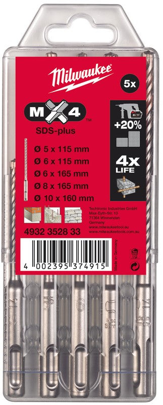 Milwaukee SDS-plus MX4 Hammerbohrer - 4-Schneiden / Kassetten SDS-Plus MX4 Set - 5 Stück - 4932352833