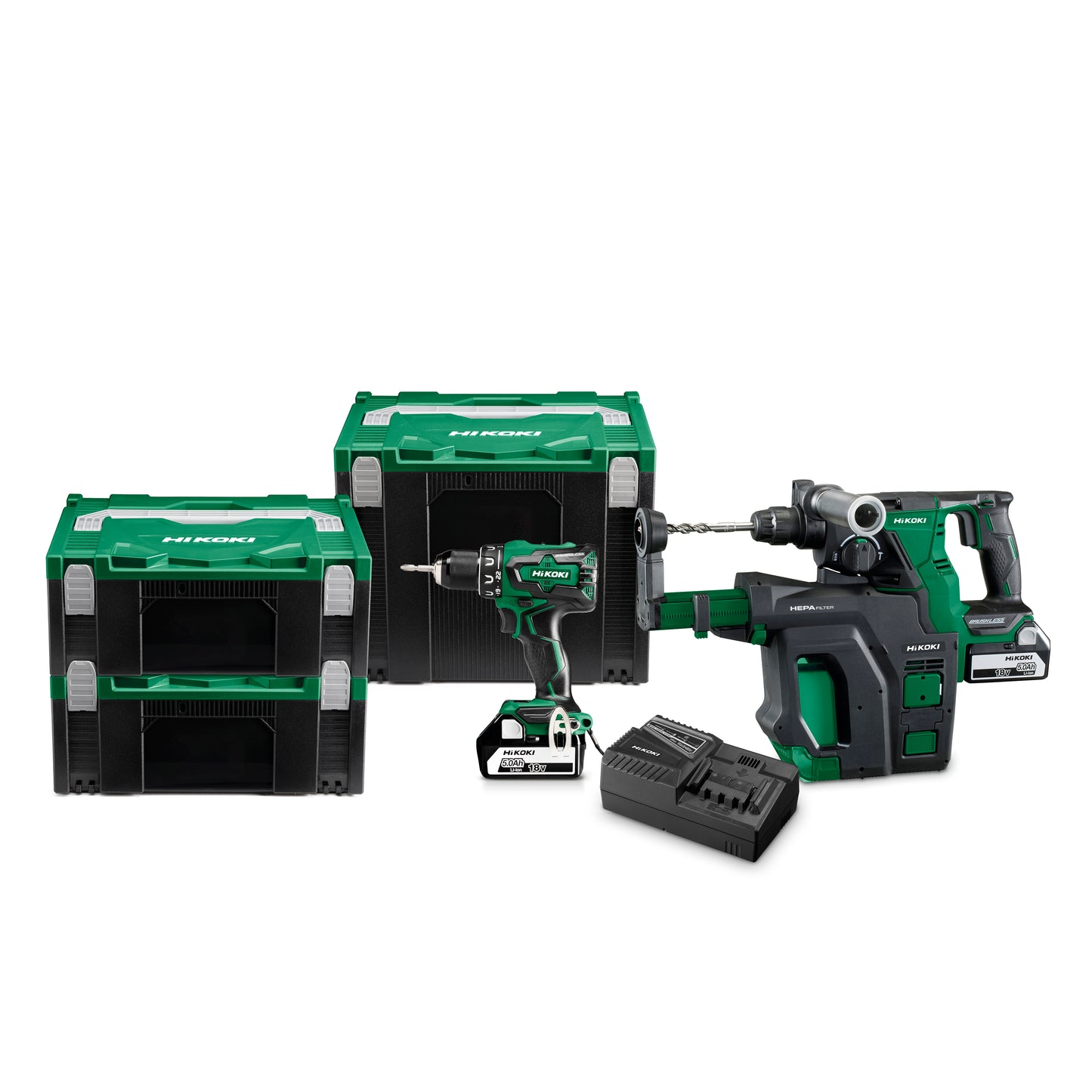 Akku-Kombiset DS18DBSL + DH18DBL + Staubabsaugung 2x 18 V 5,0 Ah + Ladegerät im HSC-Koffer - KC18DRBLWBDZ