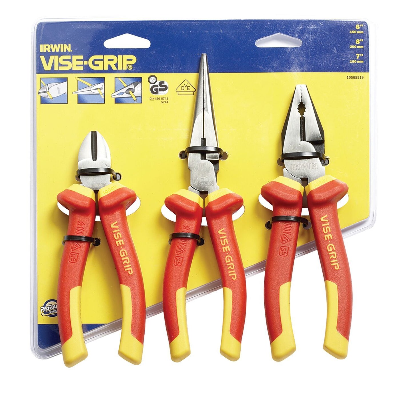 Irwin 3-teiliges Set (6"/150 mm Seitenschneider, 8"/200 mm Spitzzange, 7"/175 mm Kombizange) - 10505519
