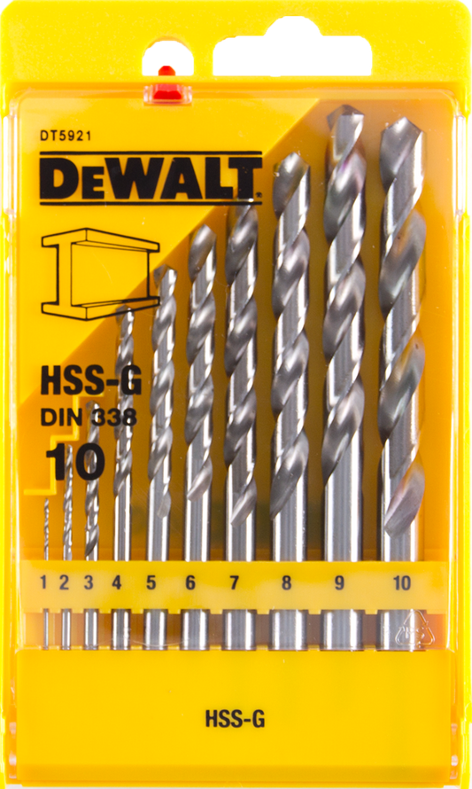 DT5921 10-teiliger Metallbohrer 1-10 mm HSS-G in Kassette