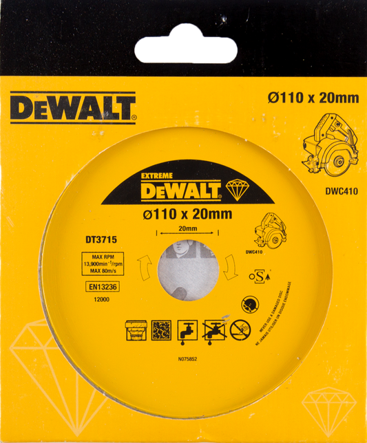 DT3715 Diamantsägeblatt für NASS- UND TROCKENFLIESENSÄGE VERWENDUNG 110 mm DEW-DT3715-QZ