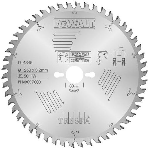 DT4345 Trespa Kreissägeblatt 250 x 3,2 x 30 mm 50T HG Extra feine Ausführung