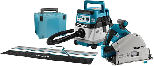 Makita DLX2274JX1 Combiset 2x18V Li-Ion mit Tauchsäge AWS DSP601 in Mbox + Staubsauger DVC864L + Führungsschiene in Tasche