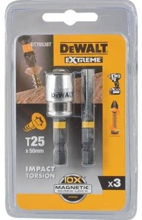 DT70538T Extreme Impact Torsionsschrauben-Bits T25 50 mm 2 Stück + MagLock Bithalter