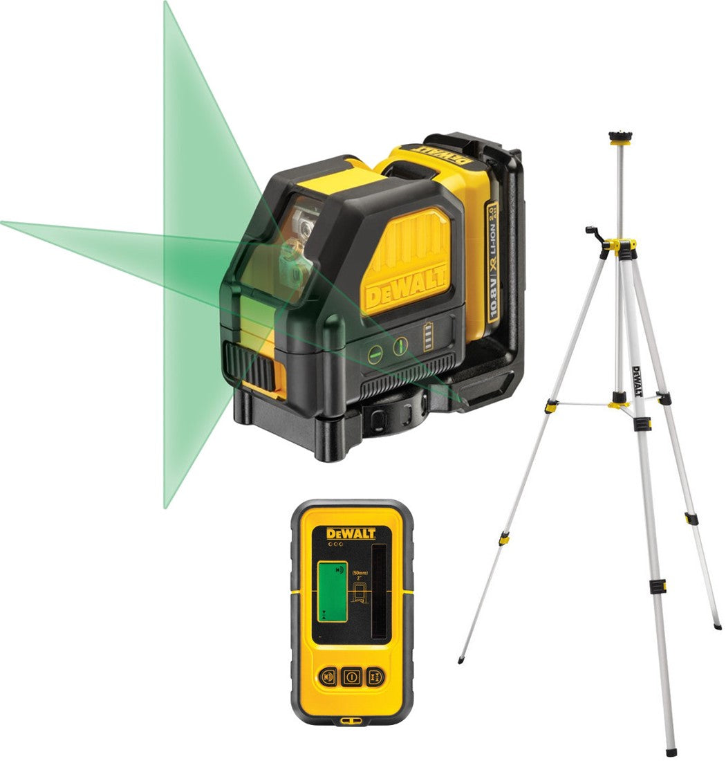 DCE088D1G Zelfniv Kruislijnlaser Groen 10.8V 2.0Ah XR Li-ion + Statief DE0881 + Detector DE0892G