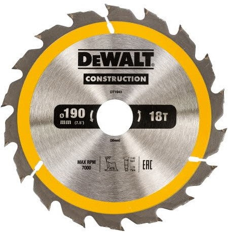 DT1943 Circular saw blade 190x30mm 18T (AC) Wood (with nails)