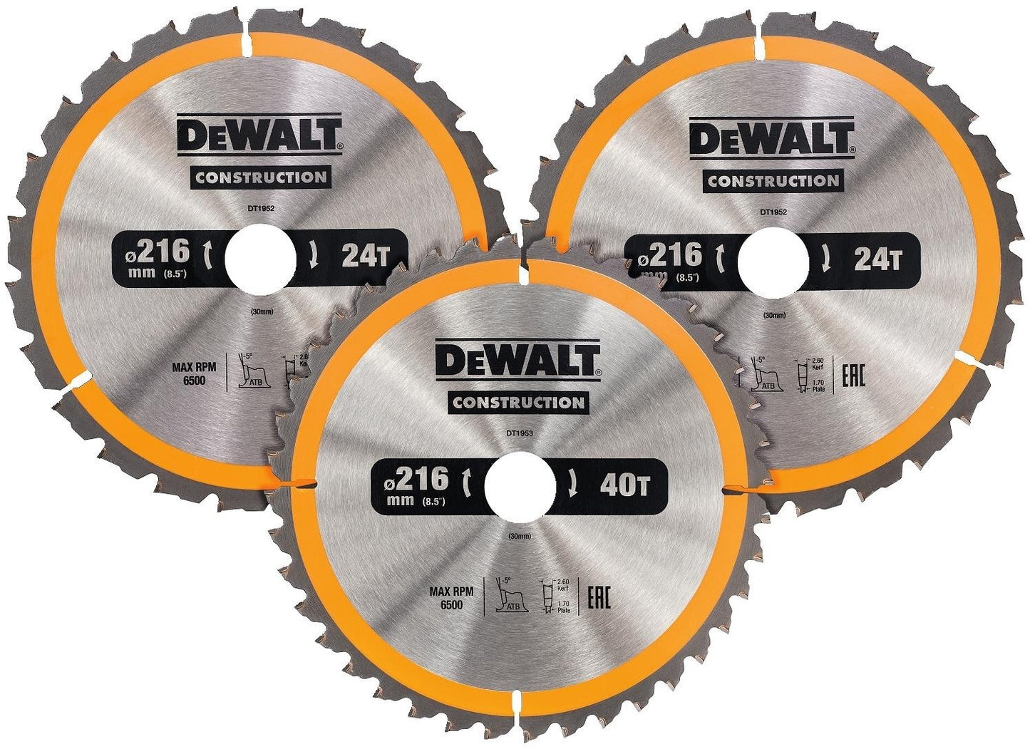 DT1962 Kreissägeblatt-Set 216 mm (2X 24T 1X 40T)
