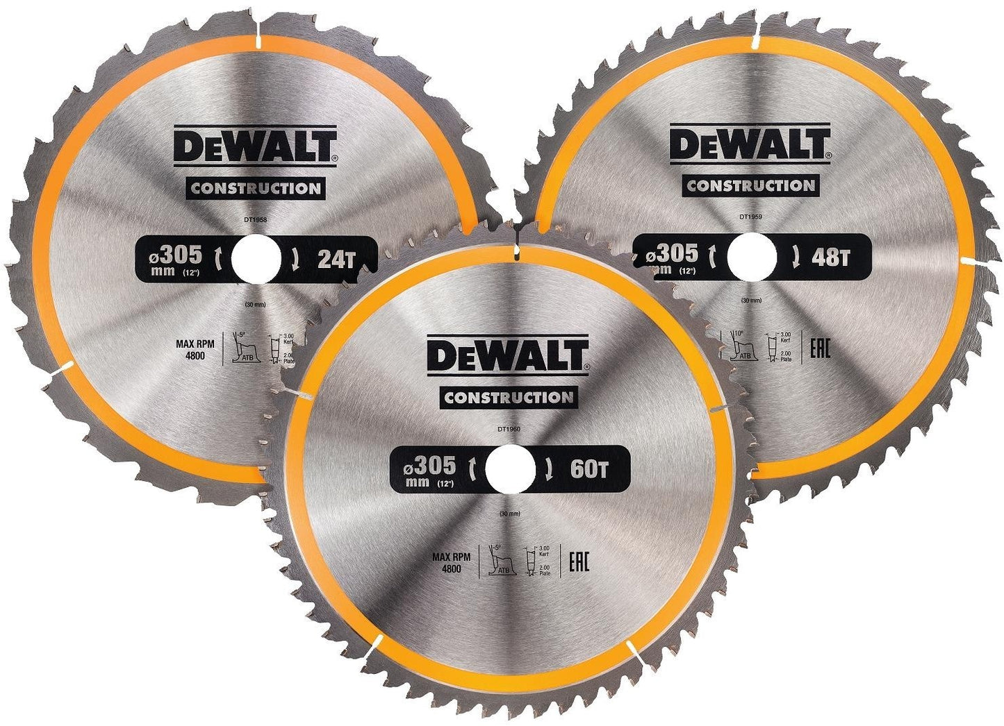 DT1964 Circular Saw Blades Set 305mm (1X 24T 1X 48T 1X 60T)