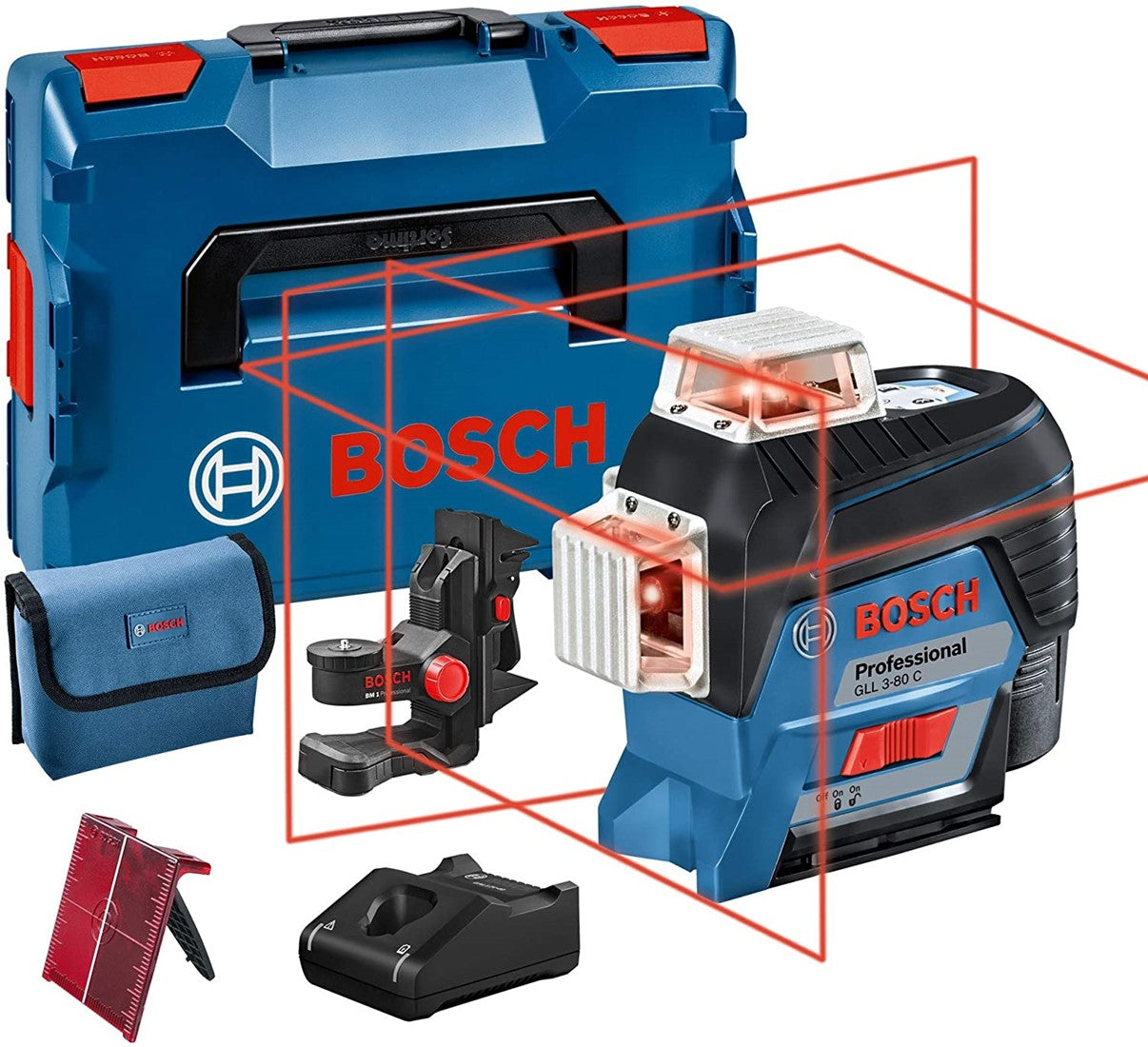 Bosch Blue GLL 3-80 C Red Cross Linienlaser &amp; Halter BM1 30m 12V 2.0Ah Li-Ion - 0601063R02