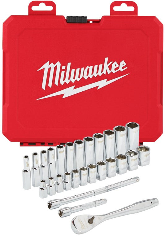 Milwaukee Ratsche + Steckschlüsselsatz 1/4 Antrieb 28-teiliger Ratschen- + Steckschlüsselsatz Metrisch – 4932464943