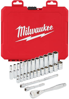 Milwaukee Ratel + doppen set 1/4 Drive 28 pc Ratchet + Socket Set Metric - 4932464943