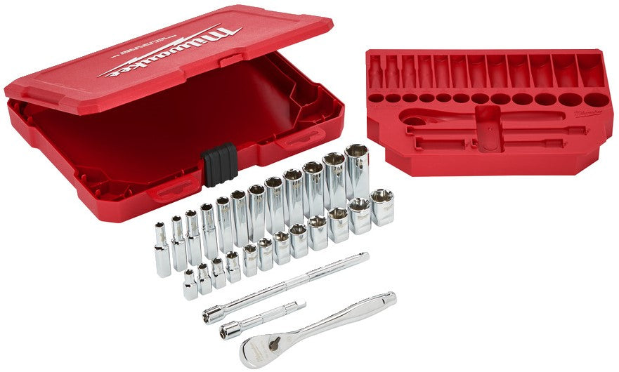 Milwaukee Ratchet + Socket Set 1/4 Drive 28 pc Ratchet + Socket Set Metric - 4932464943