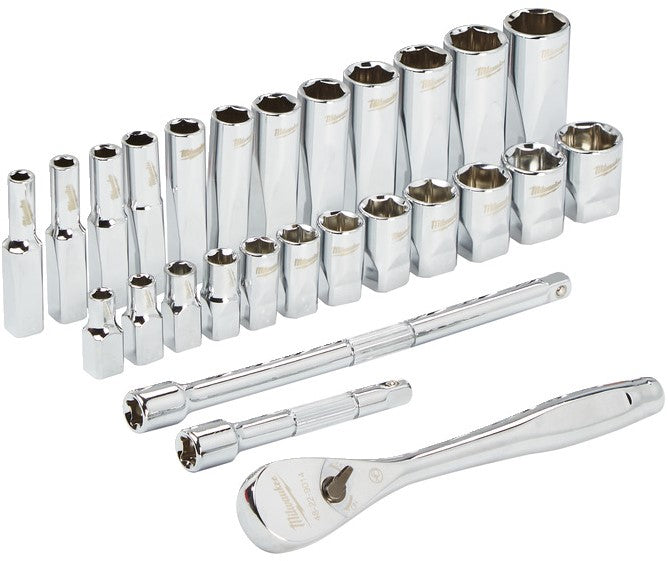 Milwaukee Ratchet + Socket Set 1/4 Drive 28 pc Ratchet + Socket Set Metric - 4932464943