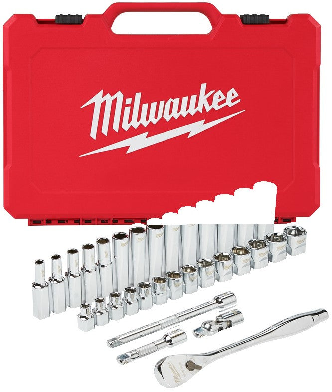 Milwaukee Ratchet + Socket Set 3/8 Drive 32 pc Ratchet + Socket Set Metric - 4932464945