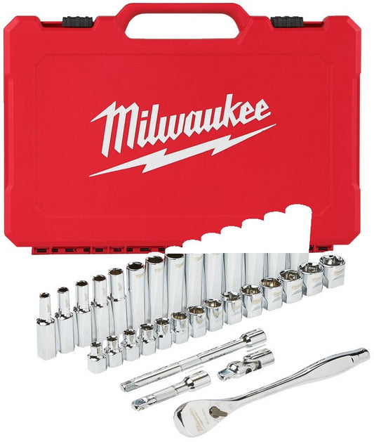 Milwaukee Ratel + doppen set 3/8 Drive 32 pc Ratchet + Socket Set Metric - 4932464945