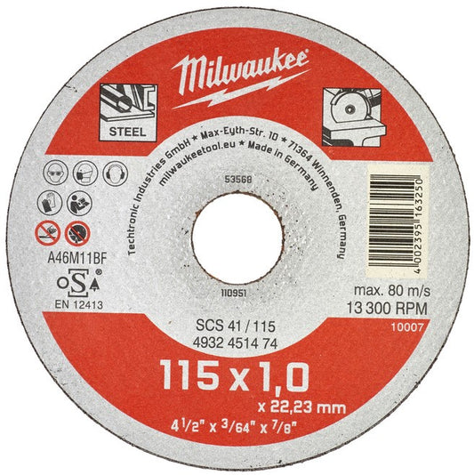 Milwaukee Dunne metaal snijschijf, contractor series SCS 41/115 x 1 x 22 mm opdrachtnemer series - 4932451474