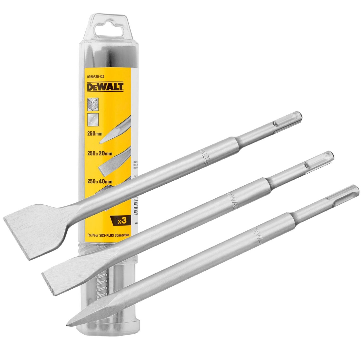 DT60330 3 Piece Chisel Set SDS Plus 250mm Pointed, Flat 20 &amp; 40mm