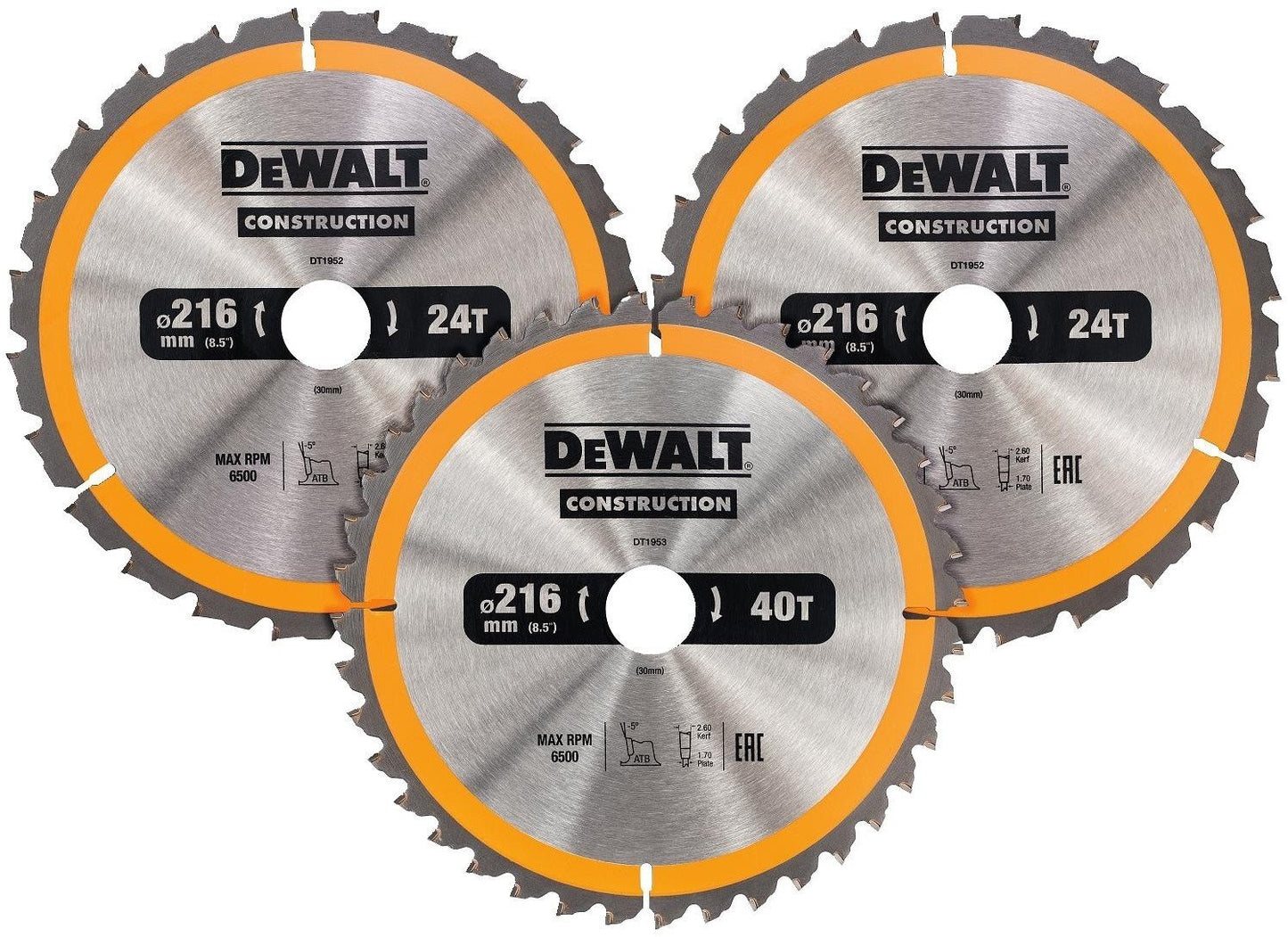 DT1962 Kreissägeblatt-Set 216 mm (2X 24T 1X 40T)