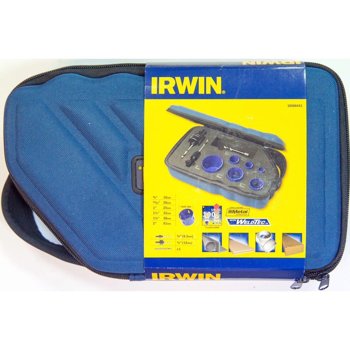 Irwin Hole Saw Kit INT600L: 16, 20, 25, 32, 38, 51 mm, Shanks 10504535 &amp; 10504536, Guide Drill - 10506441