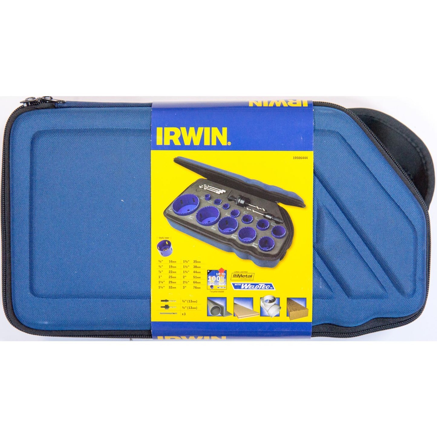 Irwin Hole Saw Kit 1200G: 16, 19, 22, 25, 29, 32, 35, 38, 44, 51, 64 and 76 mm, pins 10504533 and 10504535 and 3 guide drills - 10506444