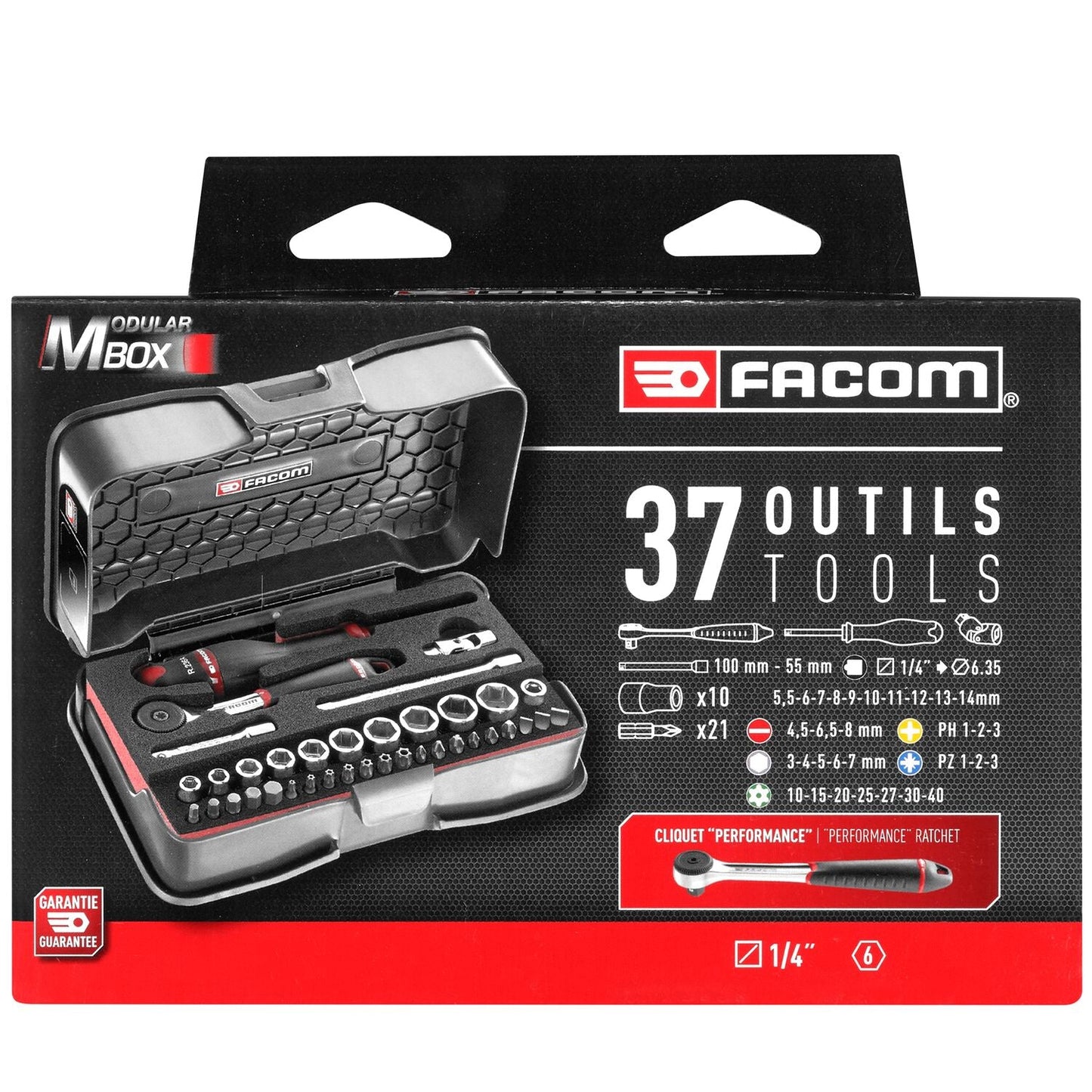 Koffer 6-seitige Stecknüsse 1/4" metrische Größen und Bits - 37 Stück - R.161-6M6PB