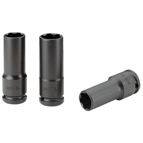 Satz mit 3 langen, dünnwandigen Kraft-Steckschlüsseleinsätzen 1/2" für Radmuttern - NSB.3