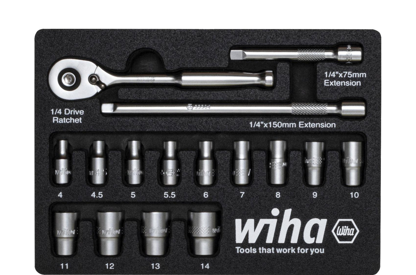 Ratelsleutelset 1/4" 17-delig incl. schuiminzetstuk - 44683